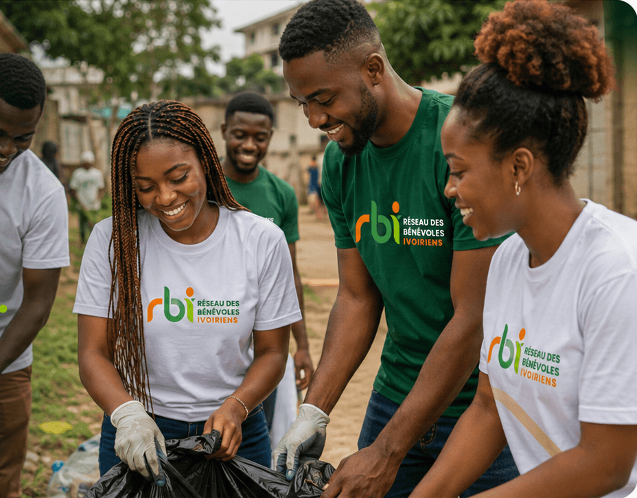 Jeunes bénévoles ivoiriens portant les couleurs du RBI pendant une action communautaire